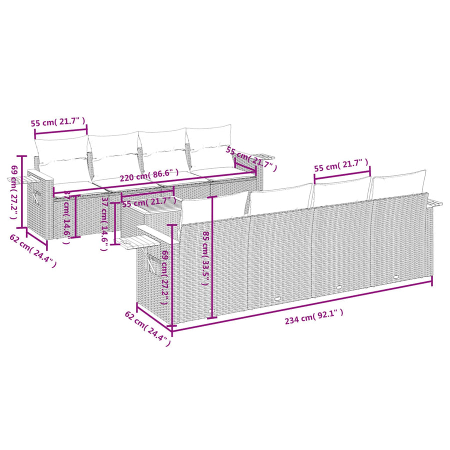 9-Delige Loungeset Met Kussens Poly Rattan Grijs