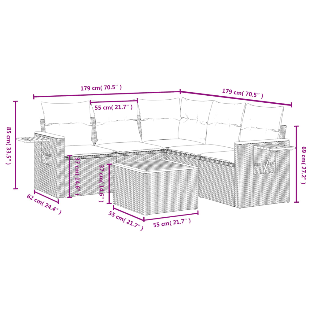 6-Delige Loungeset Met Kussens Poly Rattan Beige