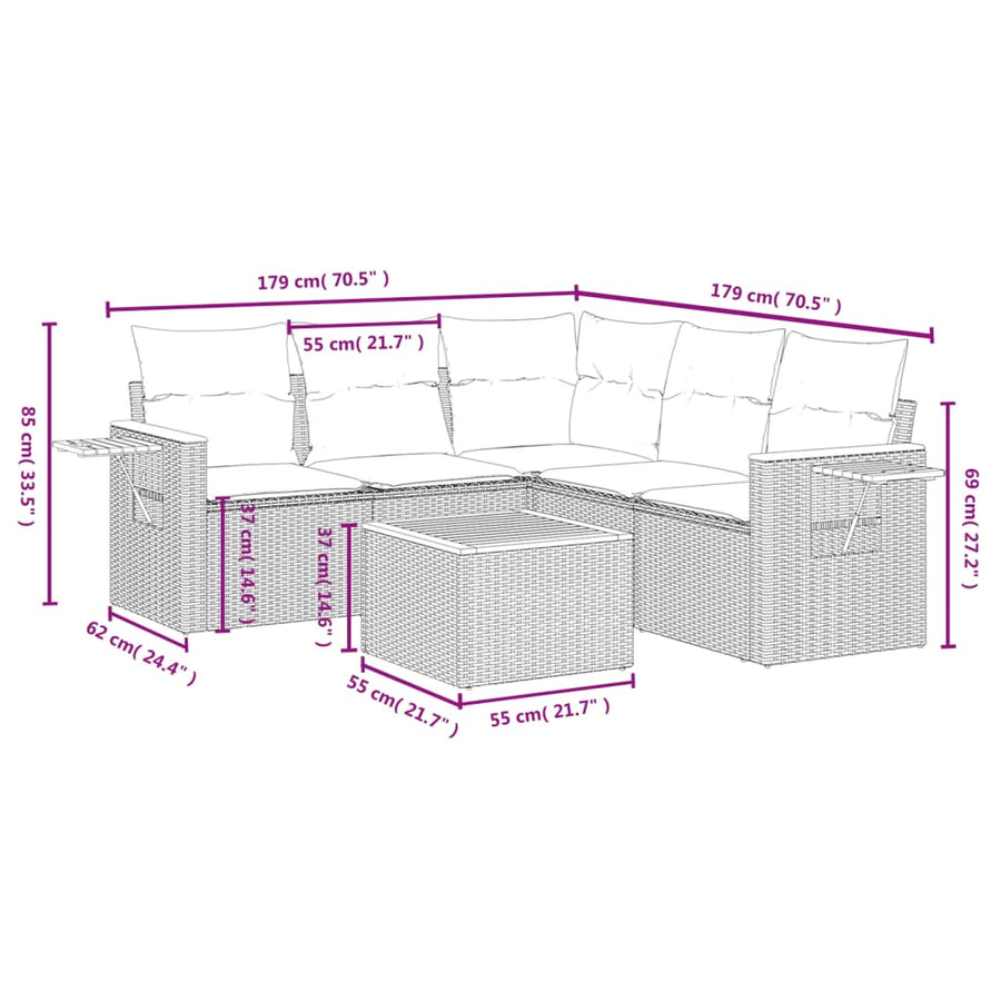 6-Delige Loungeset Met Kussens Poly Rattan Grijs