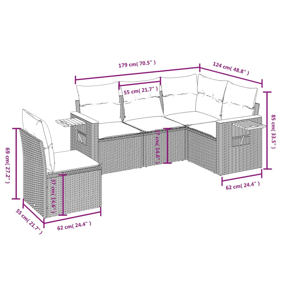 5-Delige Loungeset Met Kussens Poly Rattan Beige