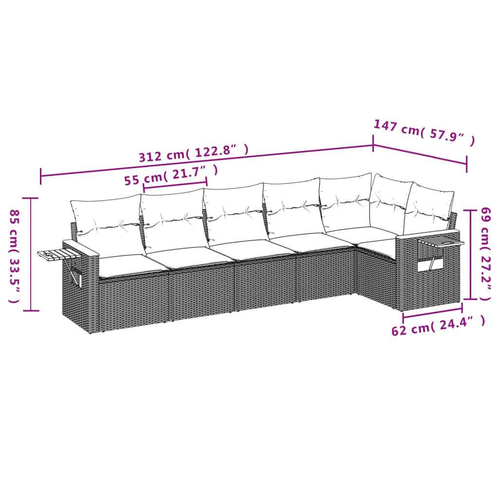 6-Delige Loungeset Met Kussens Poly Rattan Beige