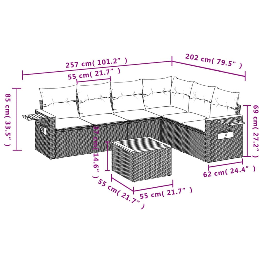 7-Delige Loungeset Met Kussens Poly Rattan Beige