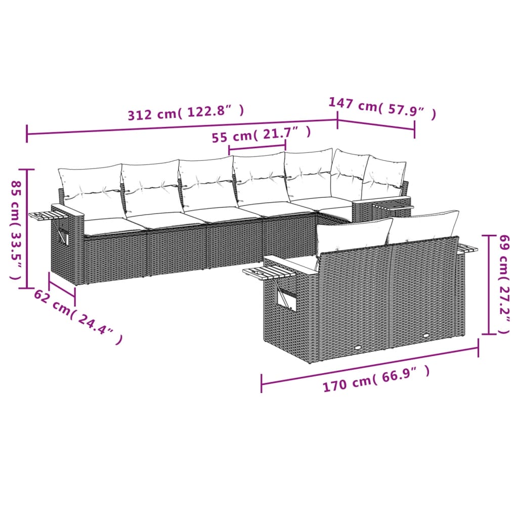 8-Delige Loungeset Met Kussens Poly Rattan Zwart
