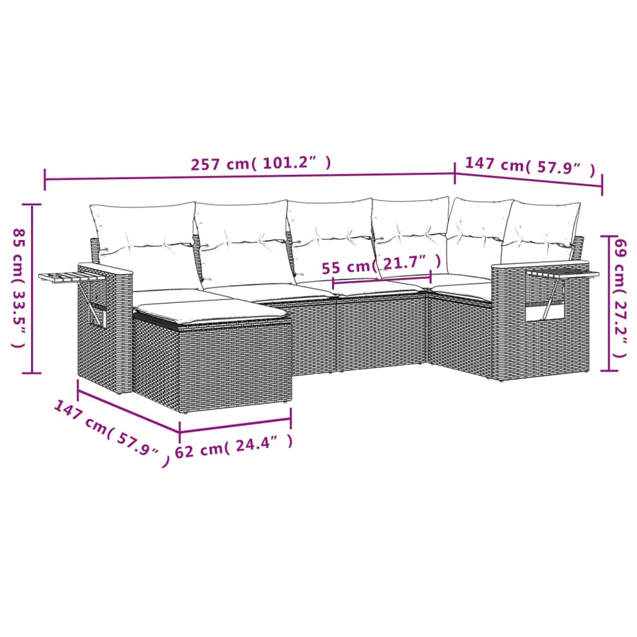 6-Delige Loungeset Met Kussens Poly Rattan Grijs