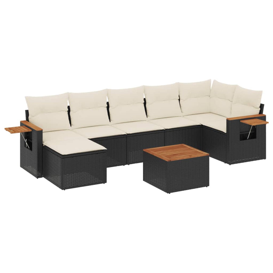 8-delige Loungeset met kussens poly rattan zwart Zwart en crème Met tafel