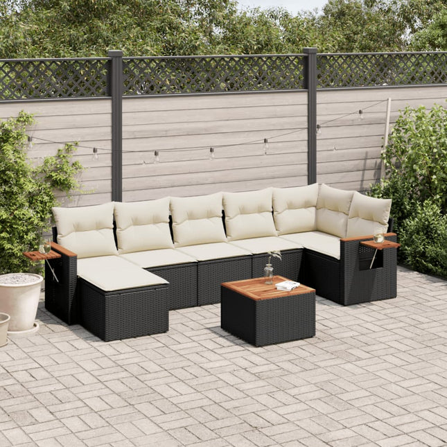 8-delige Loungeset met kussens poly rattan zwart Zwart en crème Met tafel