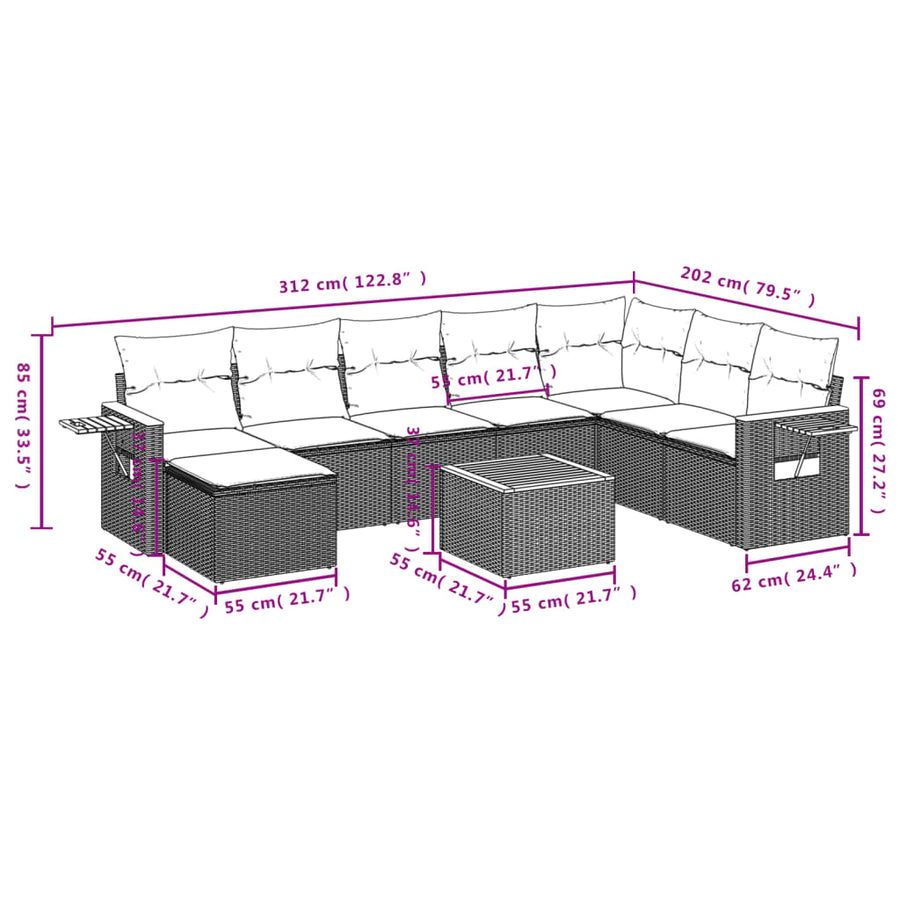 9-Delige Loungeset Met Kussens Poly Rattan Beige