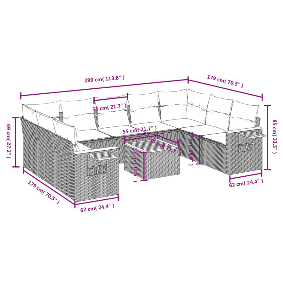 10-Delige Loungeset Met Kussens Poly Rattan Beige