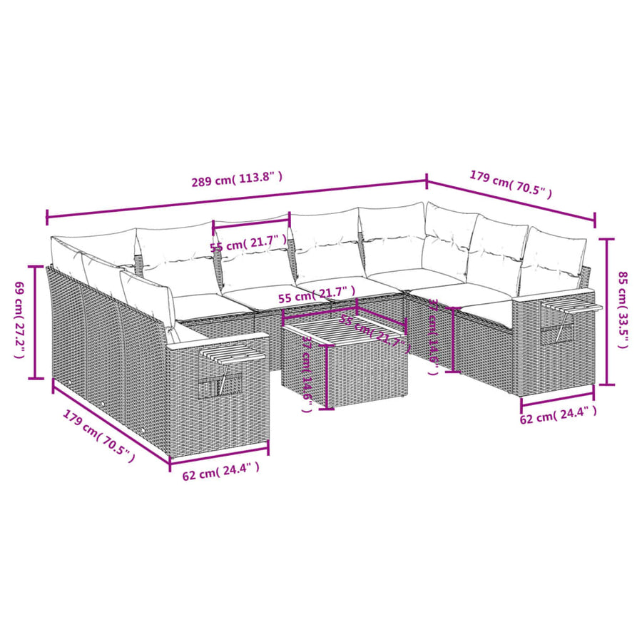 10-Delige Loungeset Met Kussens Poly Rattan Beige