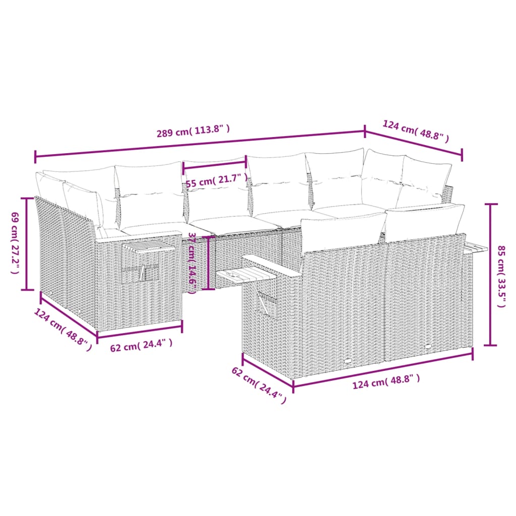 9-Delige Loungeset Met Kussens Poly Rattan Zwart