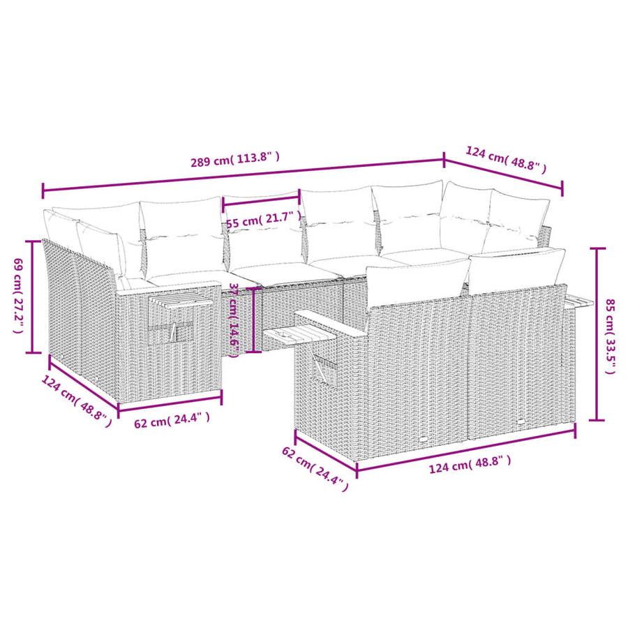 9-Delige Loungeset Met Kussens Poly Rattan Zwart
