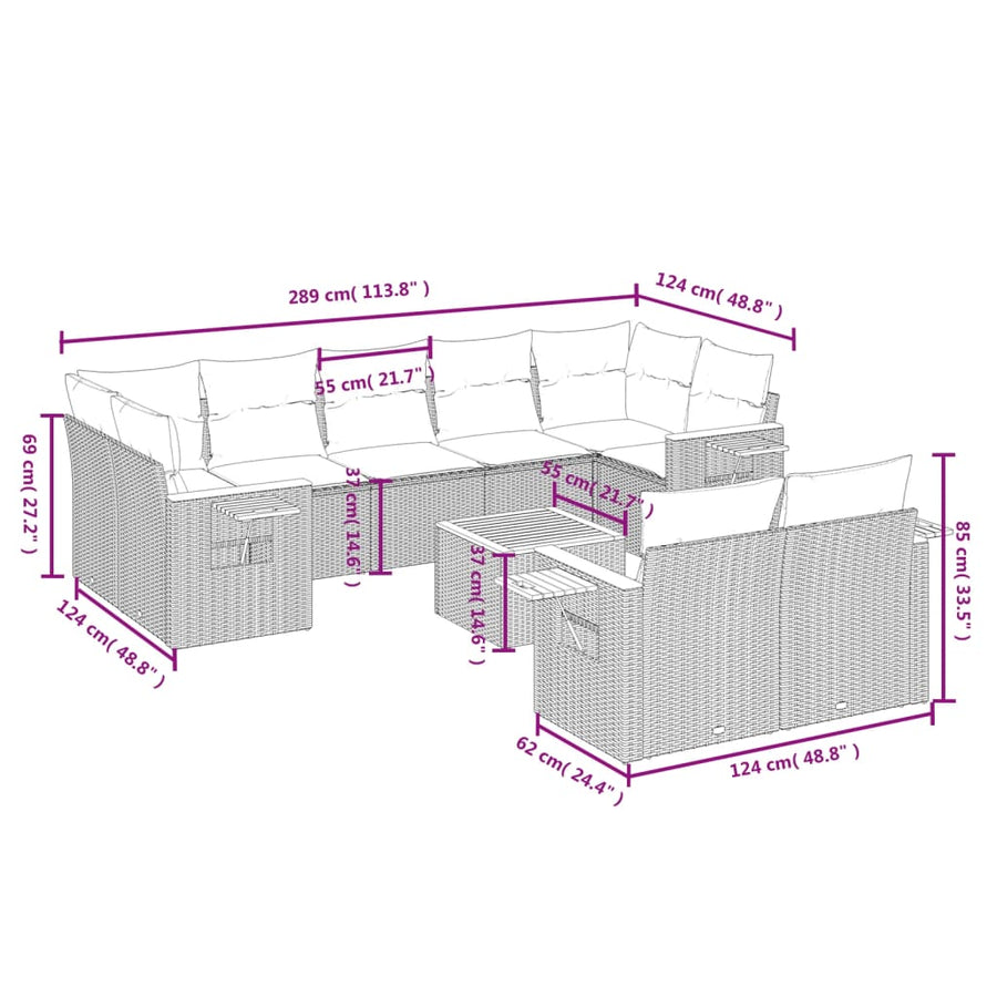 10-Delige Loungeset Met Kussens Poly Rattan Beige