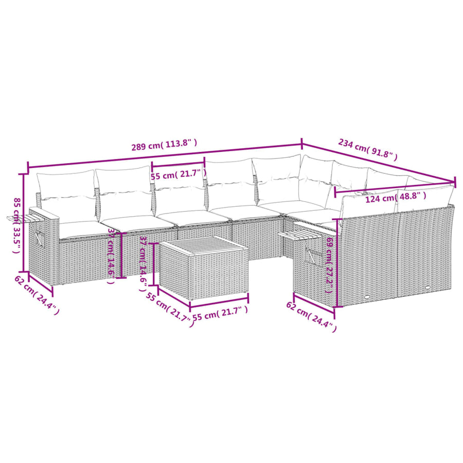10-Delige Loungeset Met Kussens Poly Rattan Zwart