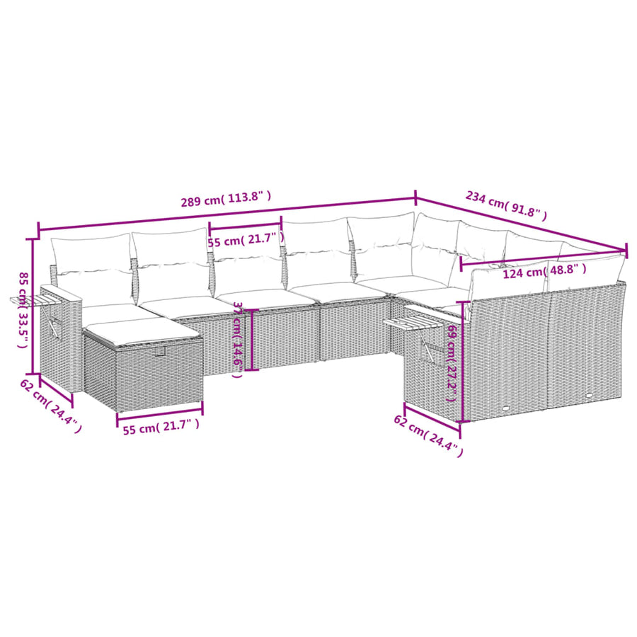 10-Delige Loungeset Met Kussens Poly Rattan Beige