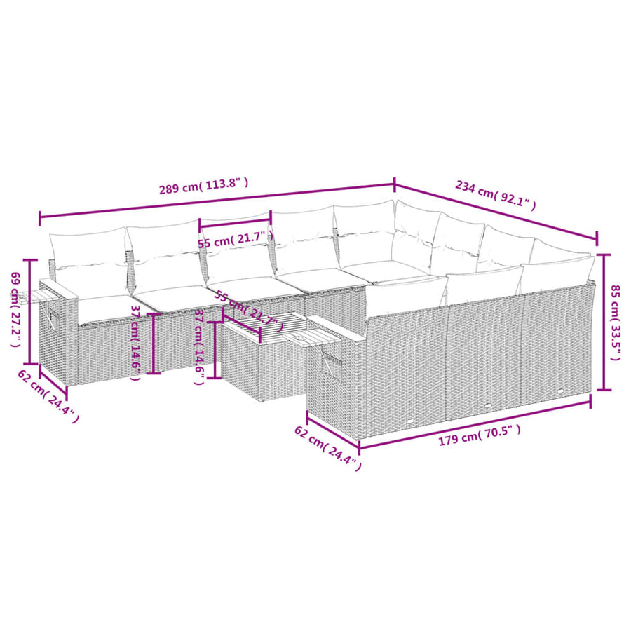 11-Delige Loungeset Met Kussens Poly Rattan Grijs