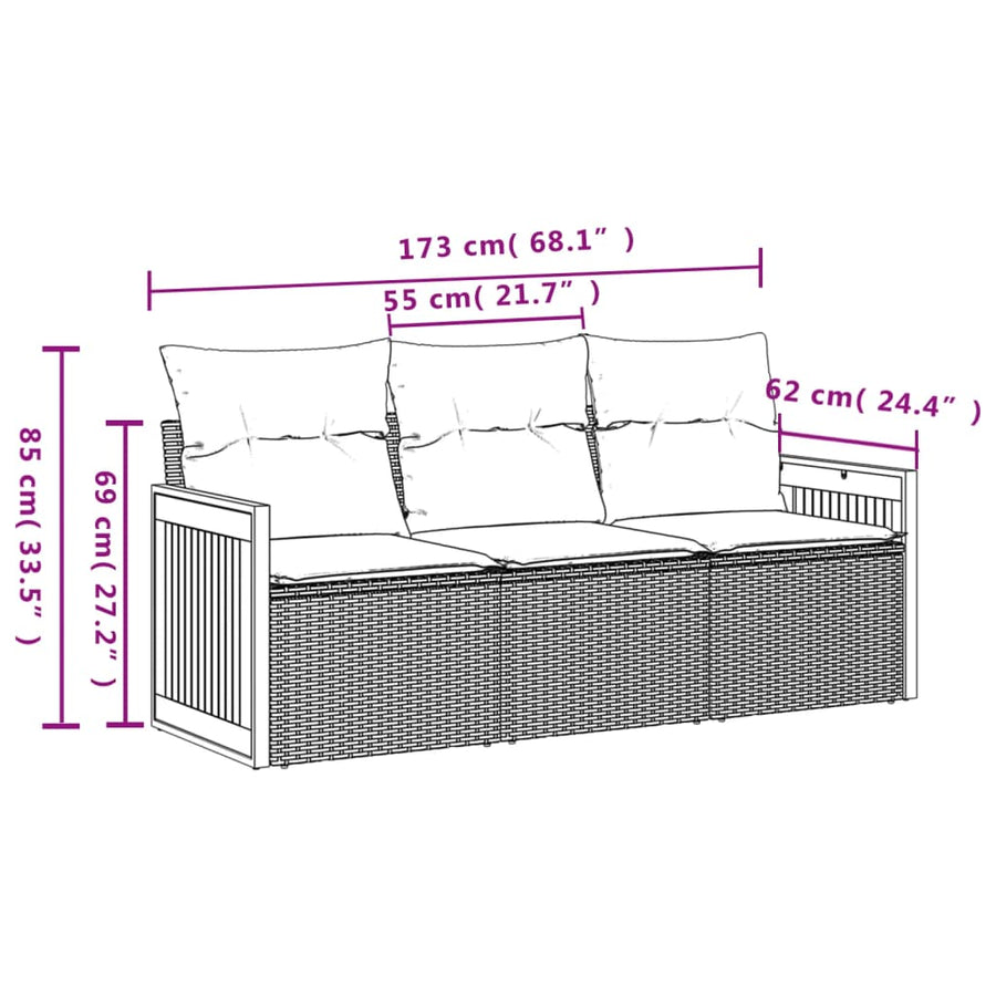 3-delige Loungeset met kussens poly rattan beige 1 Beige en grijs