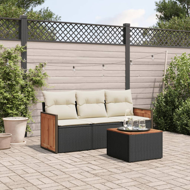 4-delige Loungeset met kussens poly rattan zwart Zwart en crème Met tafel