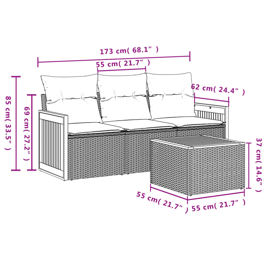 4-delige Loungeset met kussens poly rattan grijs 1 Grijs
