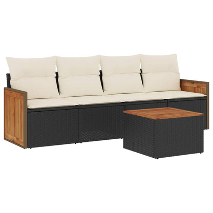 5-delige Loungeset met kussens poly rattan zwart Zwart en crème Met tafel