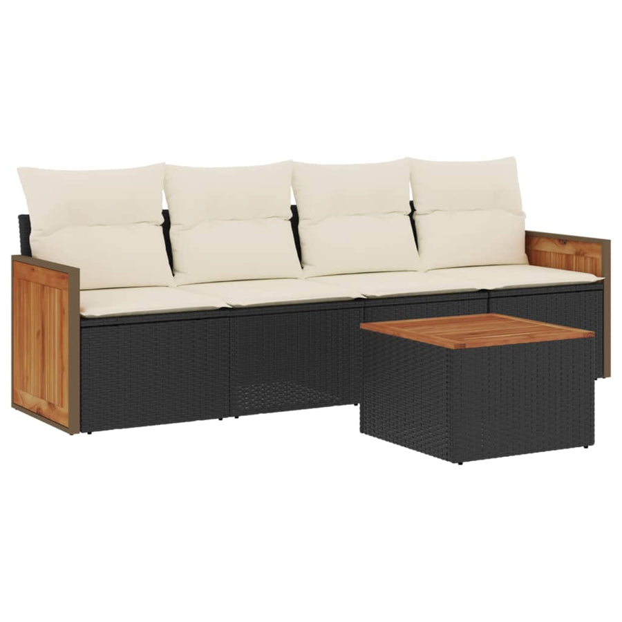 5-delige Loungeset met kussens poly rattan zwart Zwart en crème Met tafel