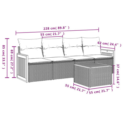 5-delige Loungeset met kussens poly rattan zwart Zwart en crème Met tafel