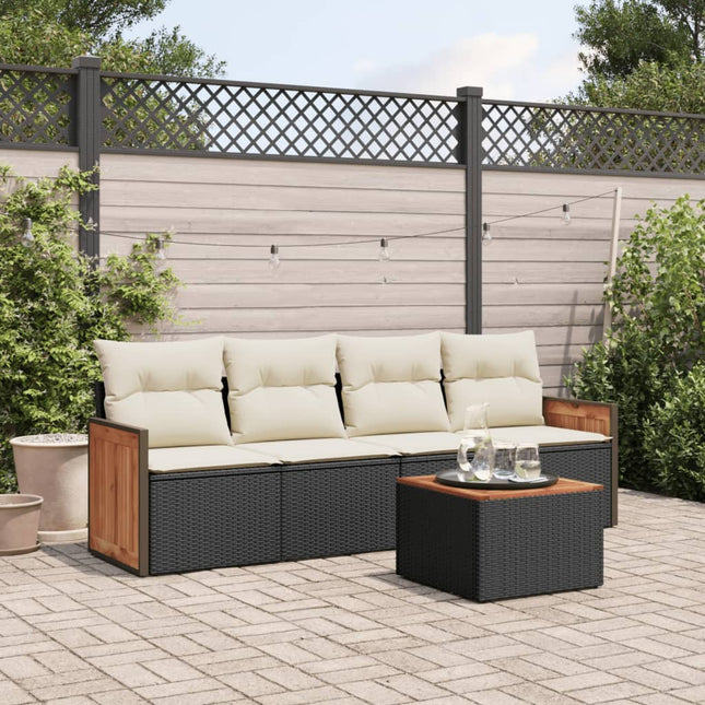 5-delige Loungeset met kussens poly rattan zwart Zwart en crème Met tafel