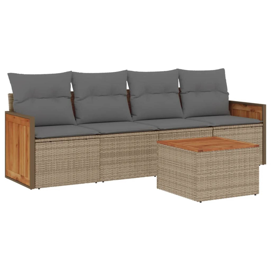 5-delige Loungeset met kussens poly rattan beige 1 Beige en grijs