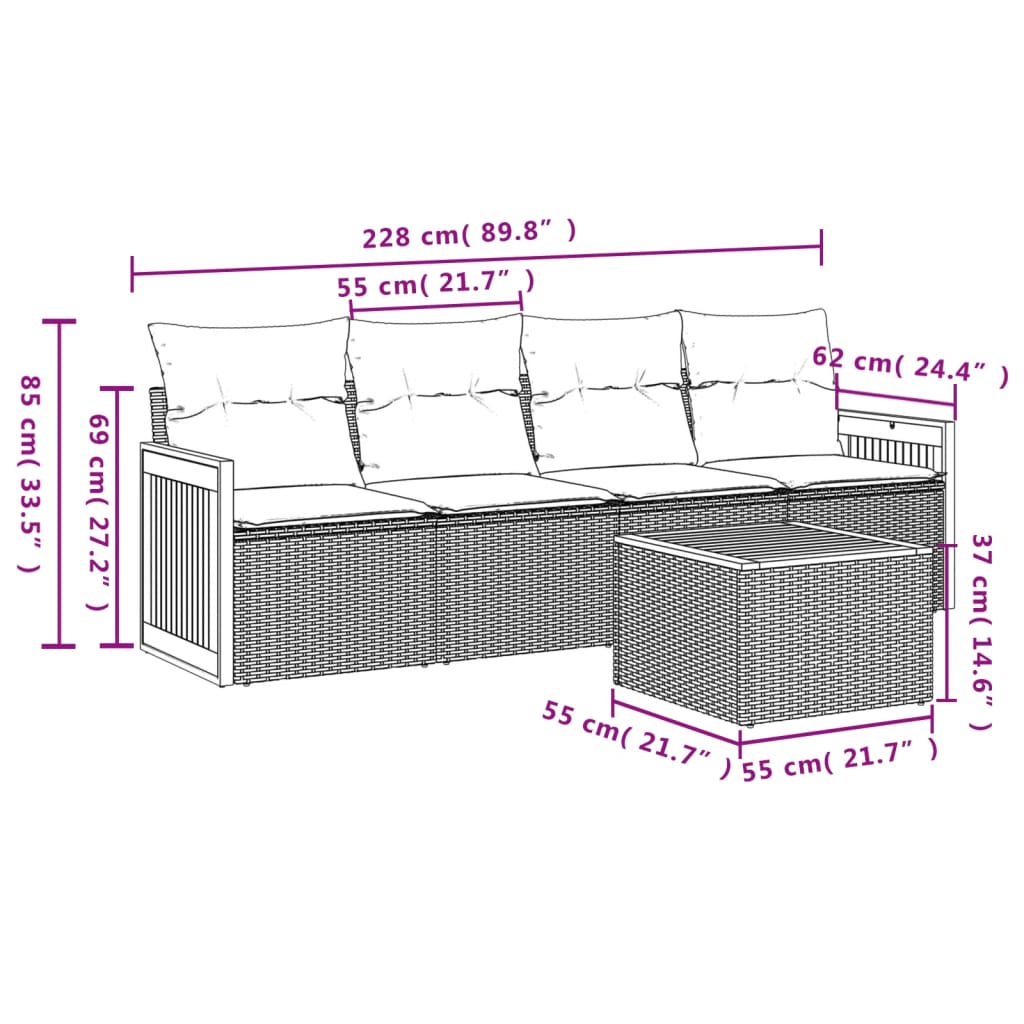 5-delige Loungeset met kussens poly rattan beige 1 Beige en grijs