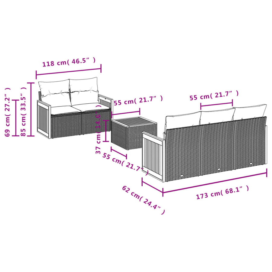 6-Delige Loungeset Met Kussens Poly Rattan Grijs