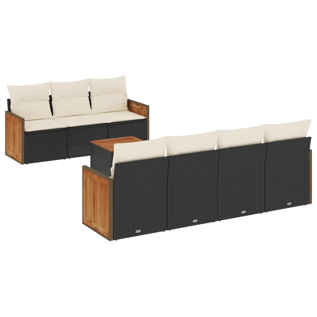 8-Delige Loungeset Met Kussens Poly Rattan Zwart en crème