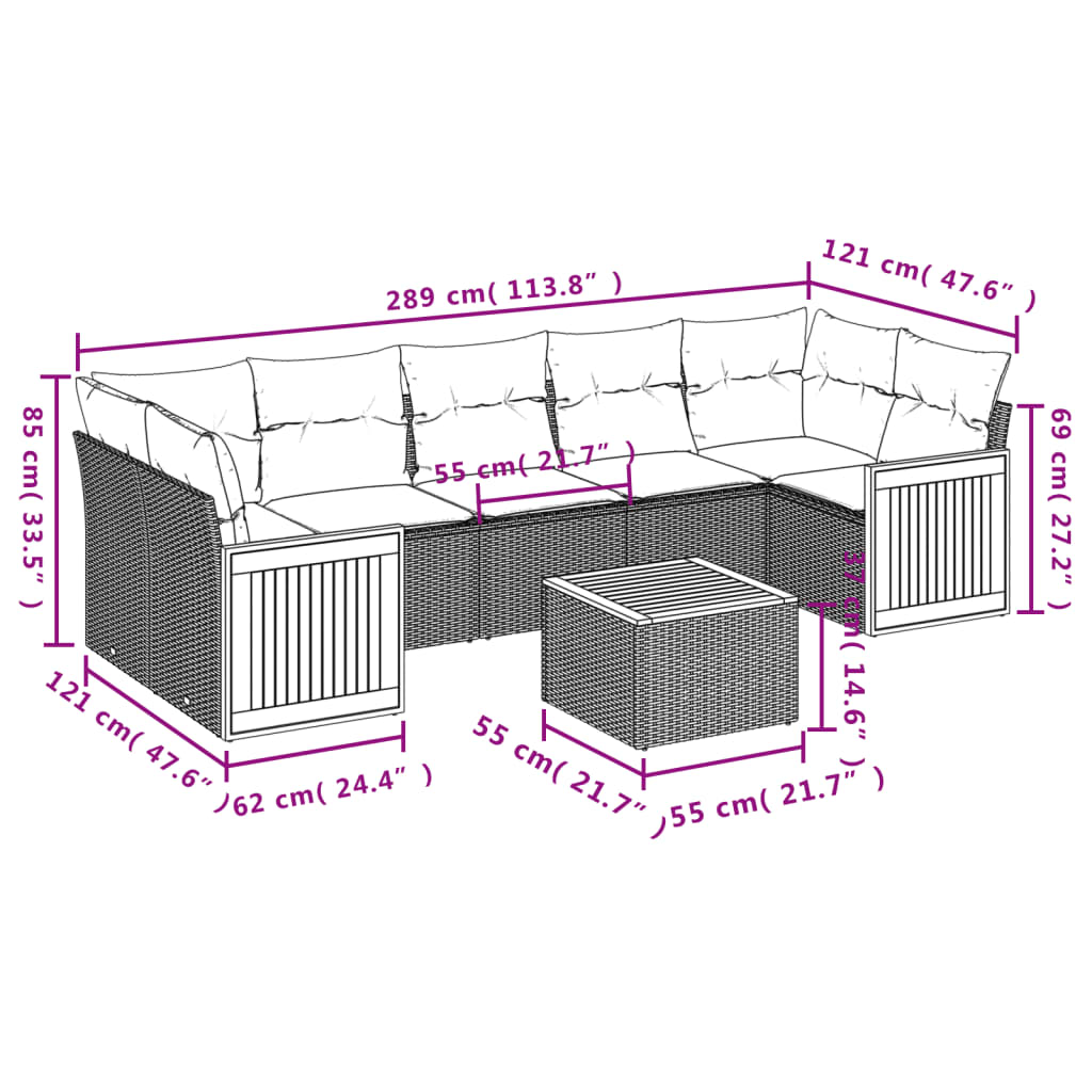 8-Delige Loungeset Met Kussens Poly Rattan Zwart en crème