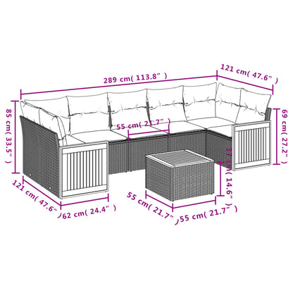 8-Delige Loungeset Met Kussens Poly Rattan Zwart en crème