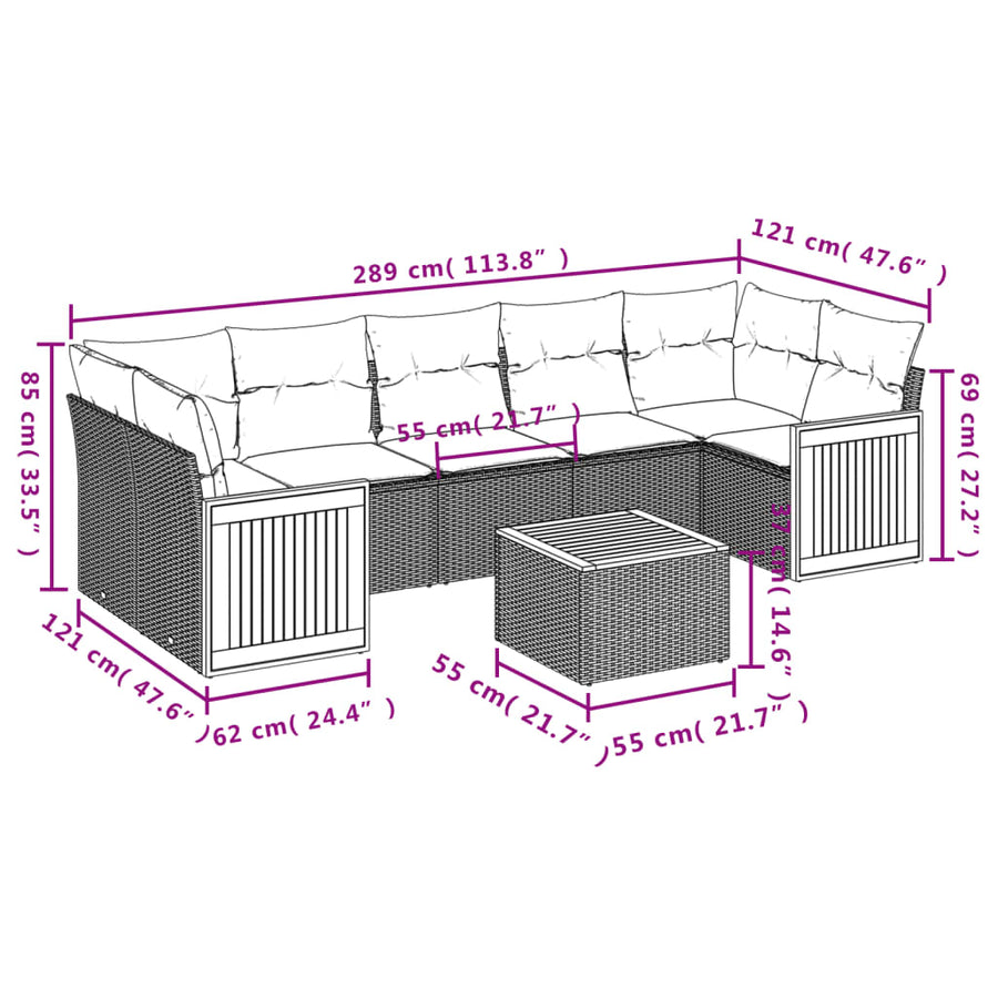 8-Delige Loungeset Met Kussens Poly Rattan Zwart en crème