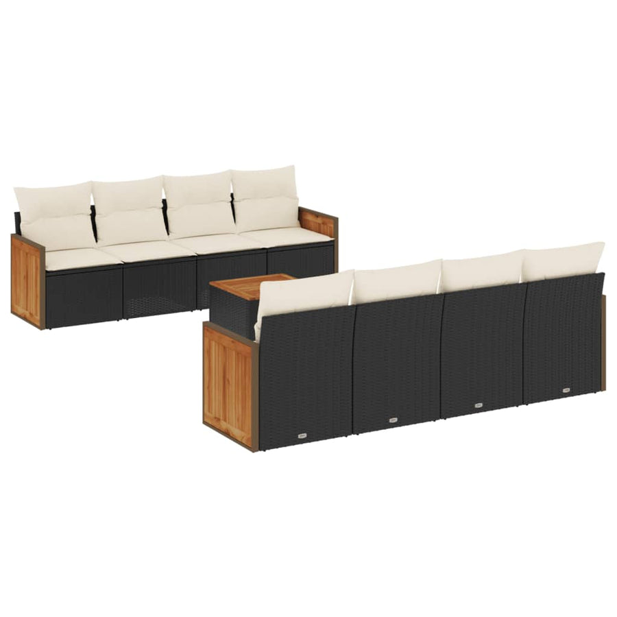9-delige Loungeset met kussens poly rattan zwart Zwart en crème