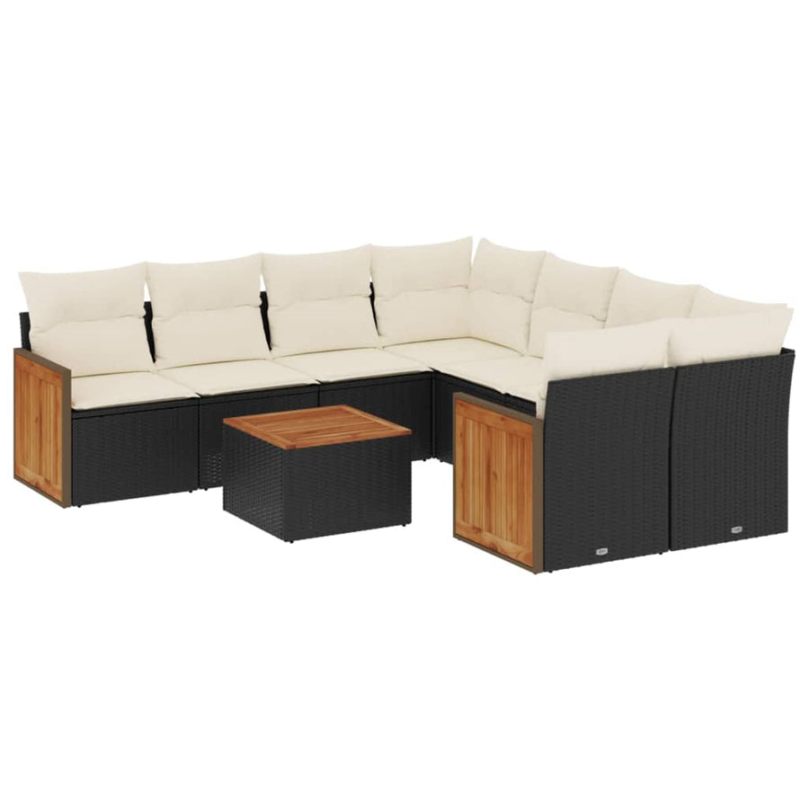 9-Delige Loungeset Met Kussens Poly Rattan Zwart en crème
