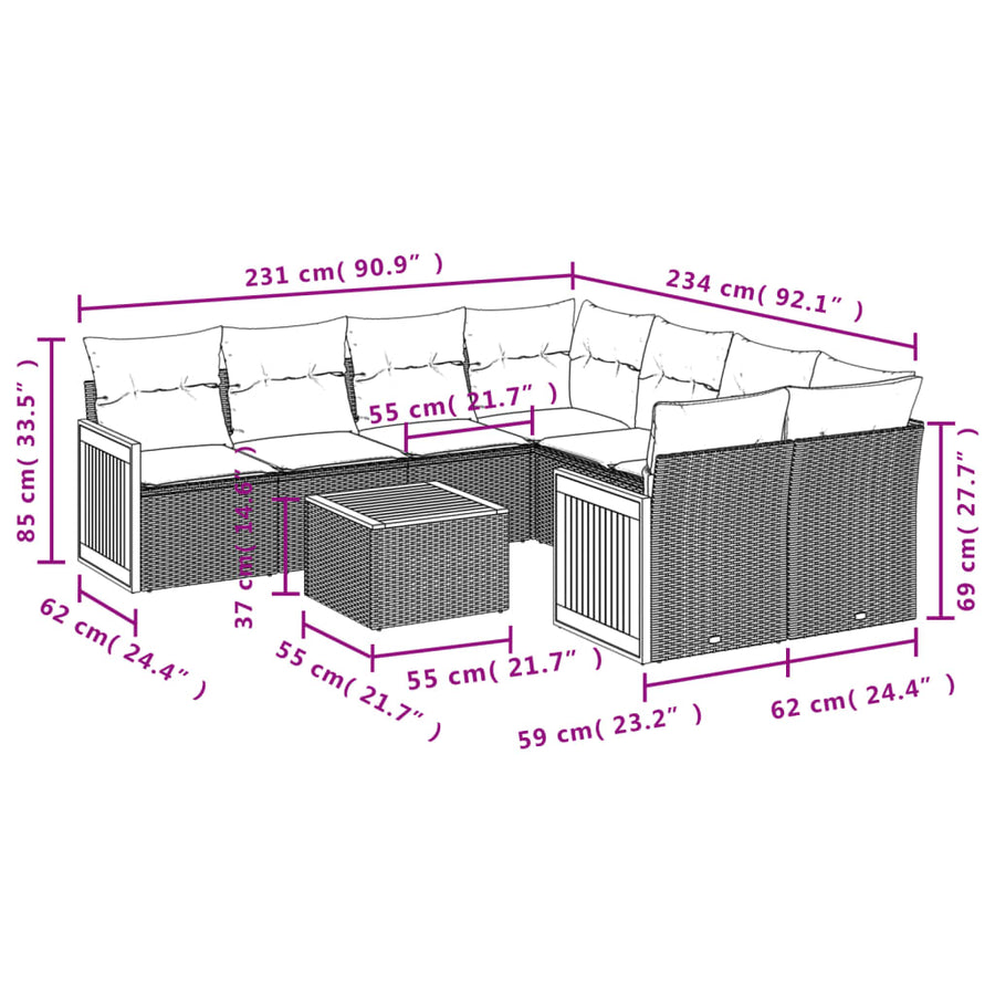 9-Delige Loungeset Met Kussens Poly Rattan Beige beige and cream