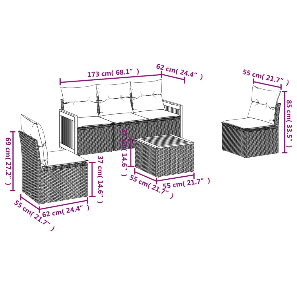 6-Delige Loungeset Met Kussens Poly Rattan Zwart Met tafel