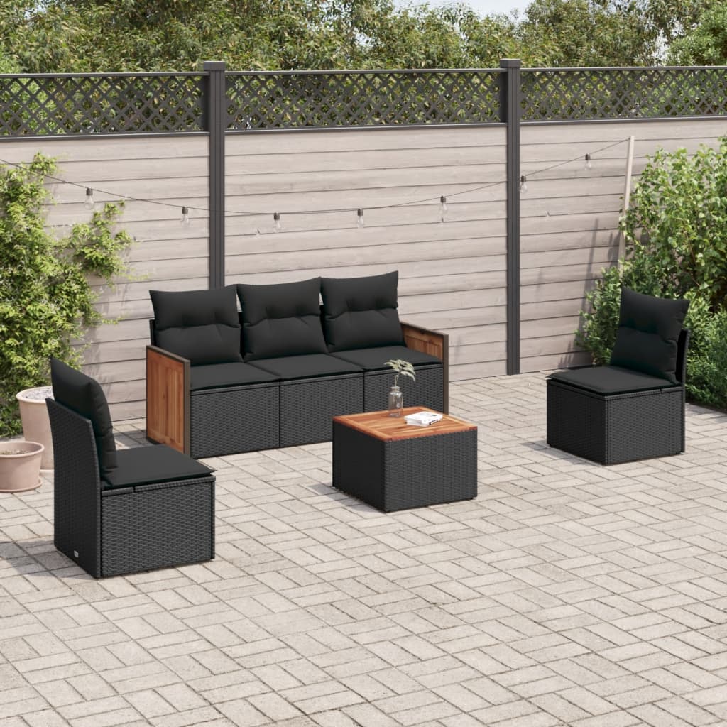 6-Delige Loungeset Met Kussens Poly Rattan Zwart Met tafel