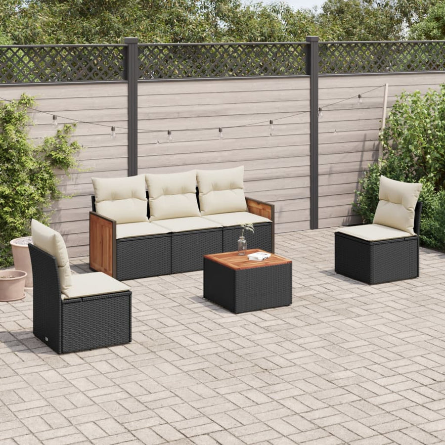 6-Delige Loungeset Met Kussens Poly Rattan Zwart en crème Met tafel