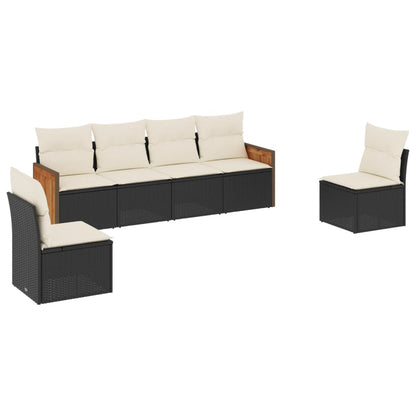 6-delige Loungeset met kussens poly rattan zwart Zwart en crème Zonder tafel