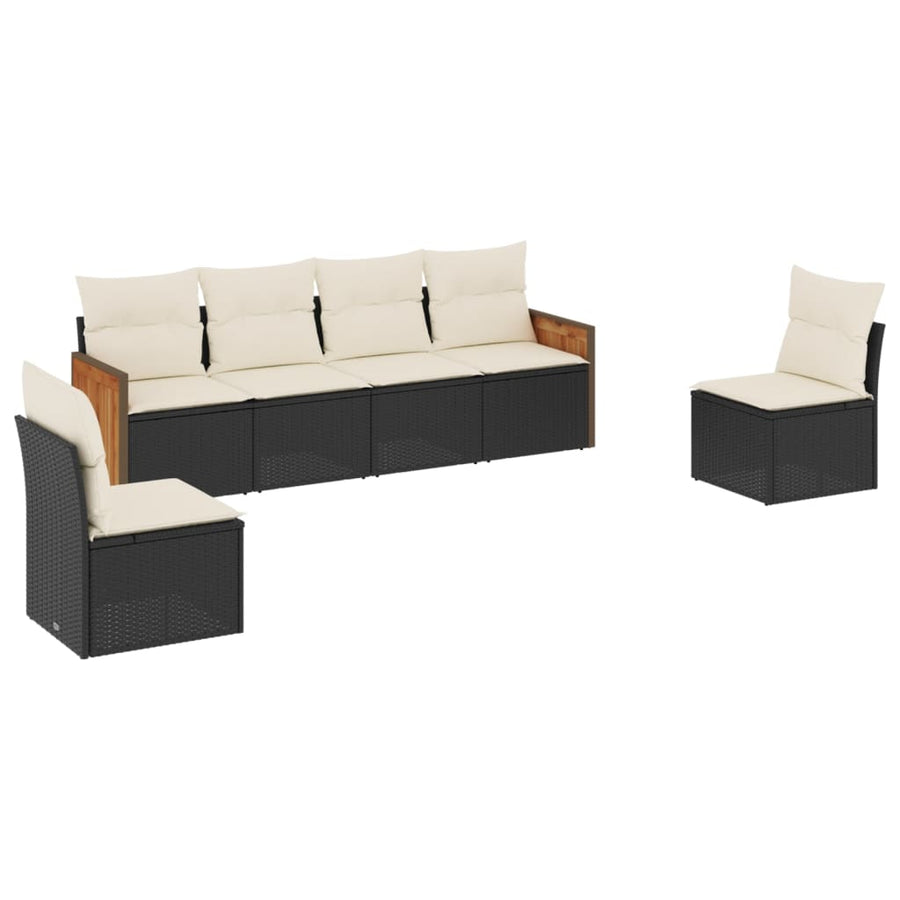 6-delige Loungeset met kussens poly rattan zwart Zwart en crème Zonder tafel