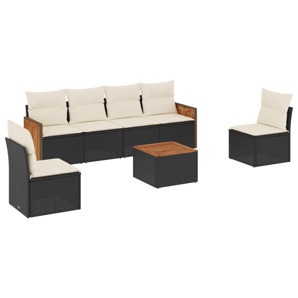7-delige Loungeset met kussens poly rattan Zwart en crème Met tafel