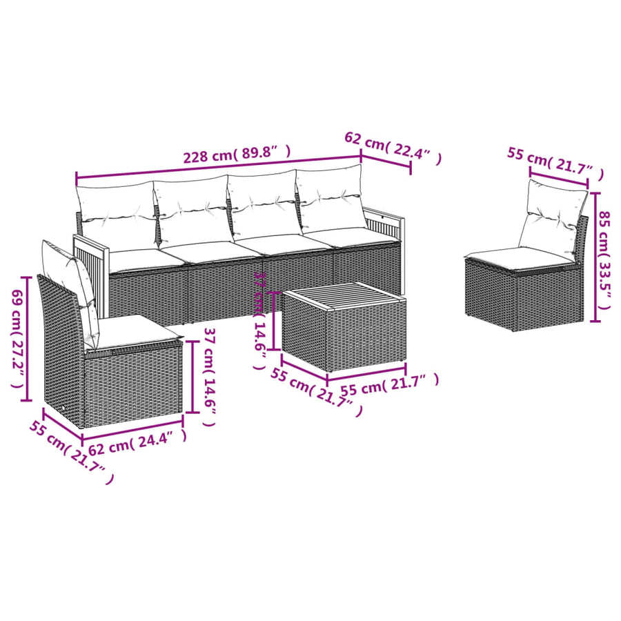 7-delige Loungeset met kussens poly rattan grijs 1 Grijs