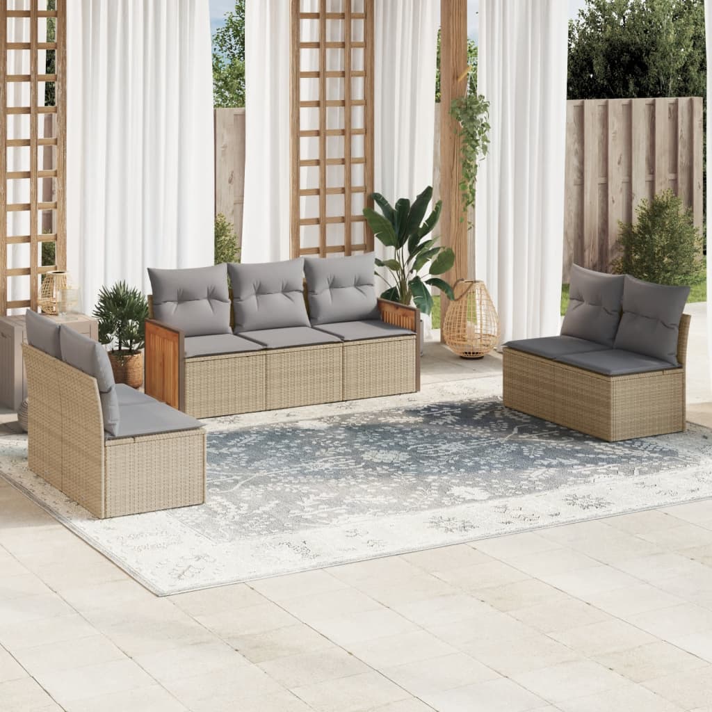 7-delige Loungeset met kussens poly rattan beige 1 Beige en grijs