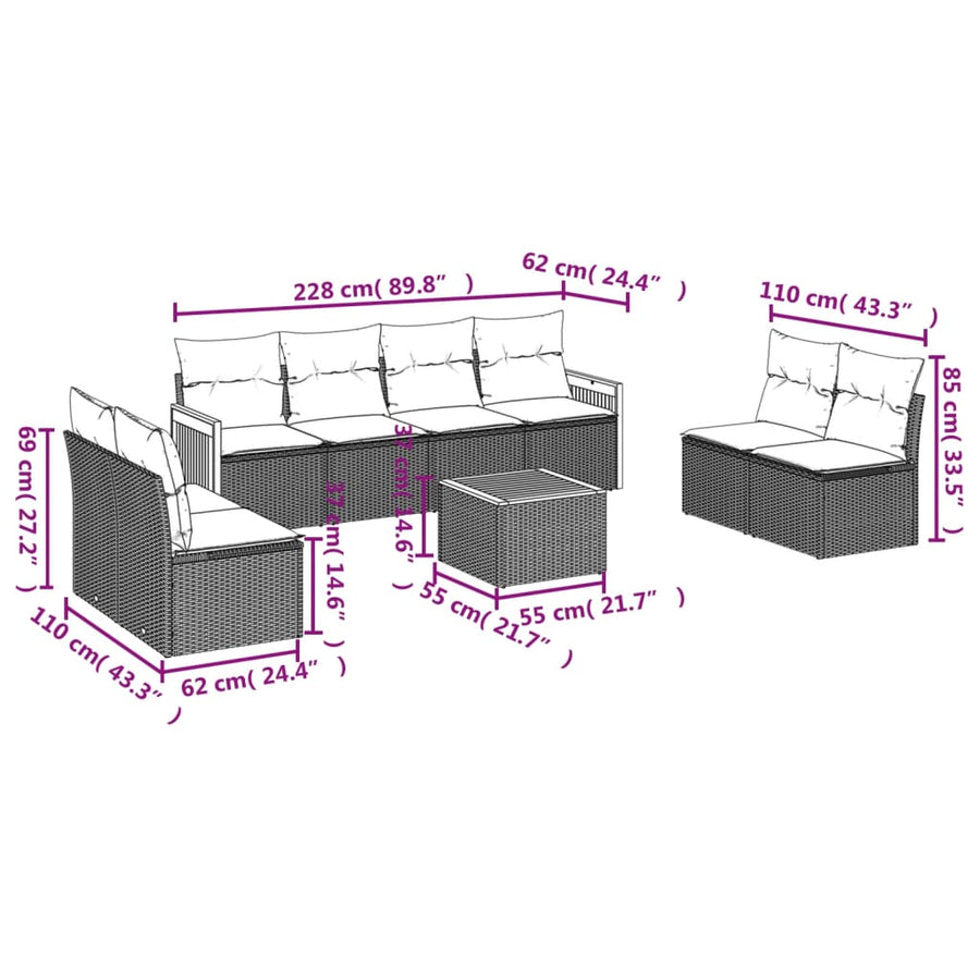 9-Delige Loungeset Met Kussens Poly Rattan Grijs Met tafel