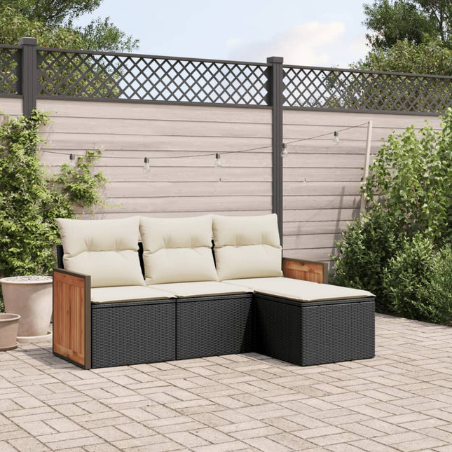 4-delige Loungeset met kussens poly rattan zwart 1 Zwart en crème