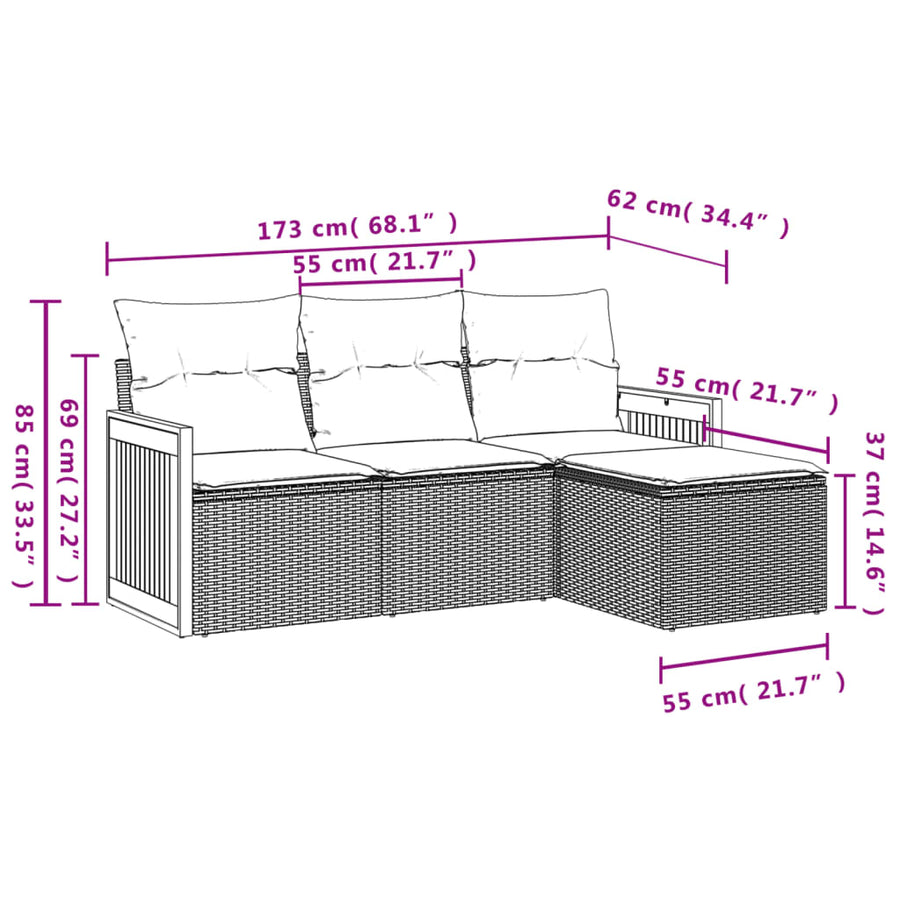 4-delige Loungeset met kussens poly rattan grijs Grijs Zonder tafel
