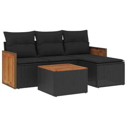 5-delige Loungeset met kussens poly rattan zwart 1 Zwart