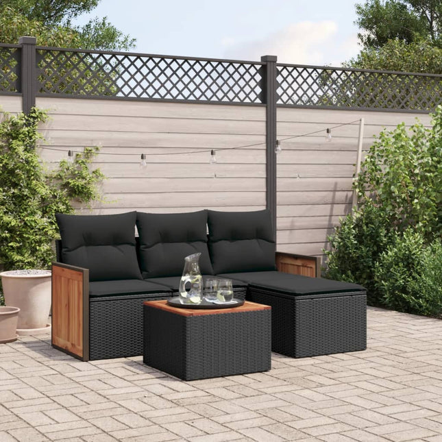 5-delige Loungeset met kussens poly rattan zwart 1 Zwart