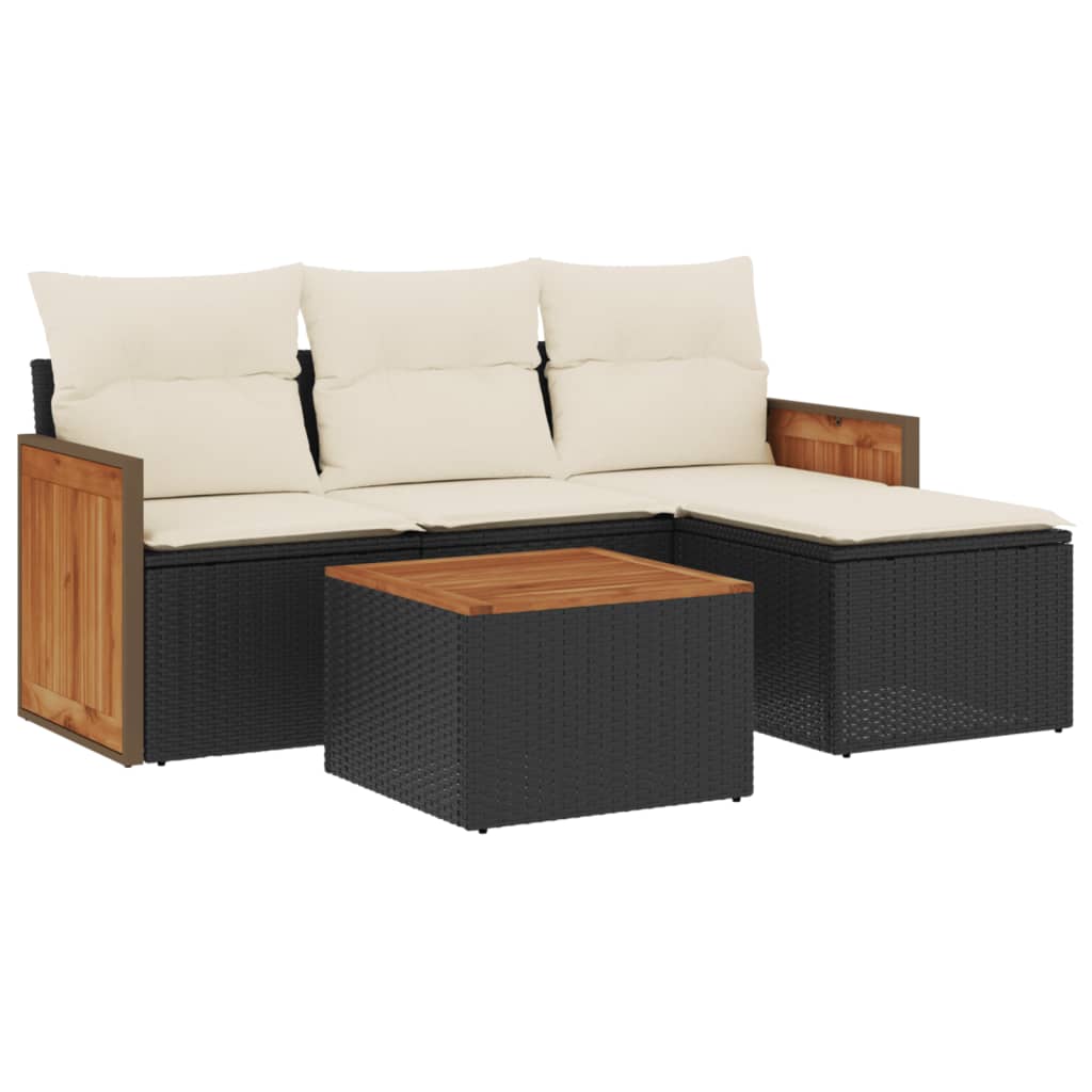 5-delige Loungeset met kussens poly rattan zwart 1 Zwart en crème